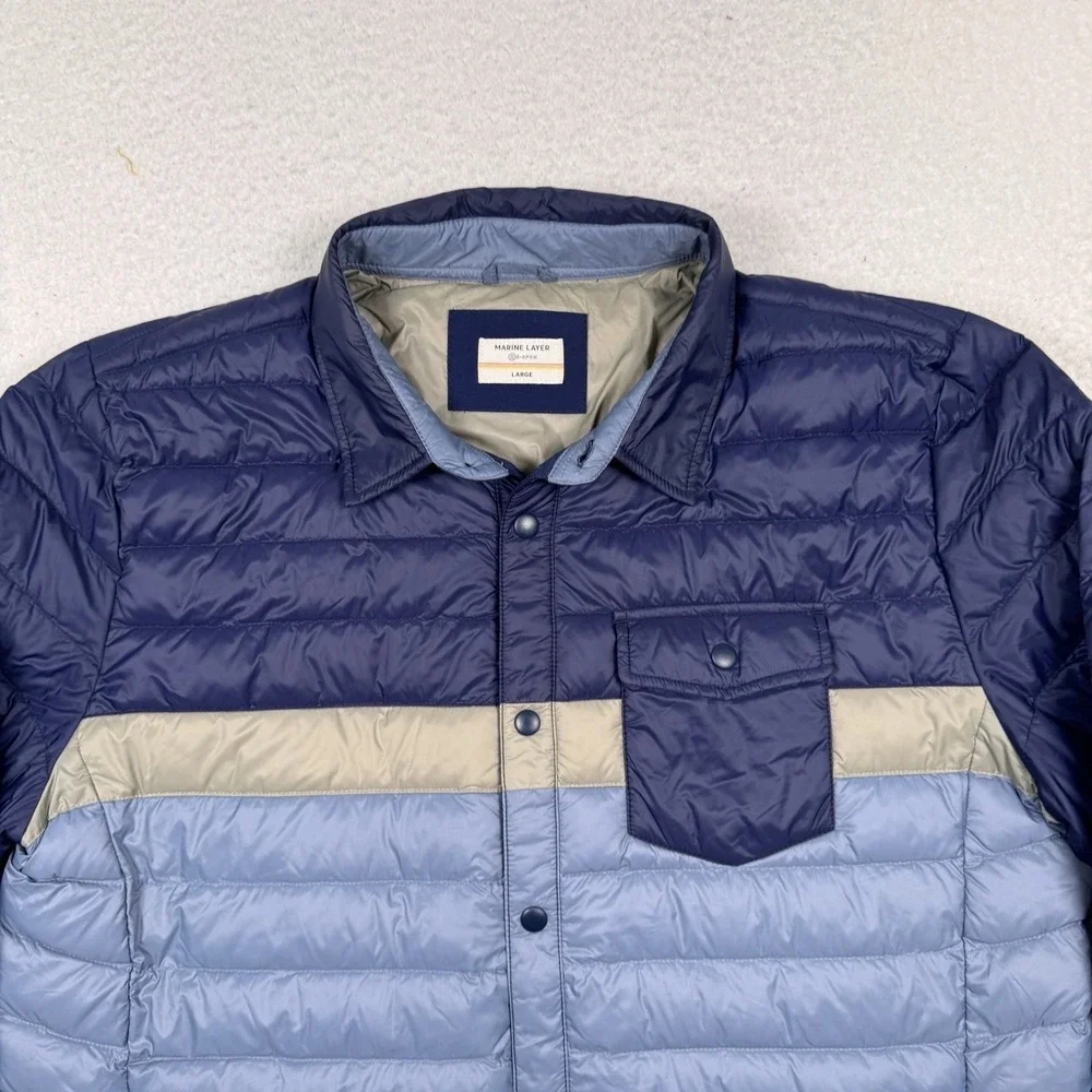 Marine Layer Mens Puffer Snap Front Over-Shirt Jacket Size Large Blue Colorblock